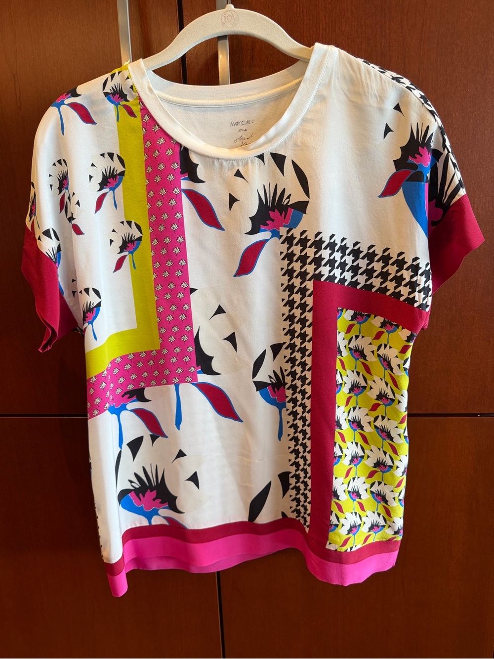 Marc Cain White Top with Black and Pink Graphic Accents
